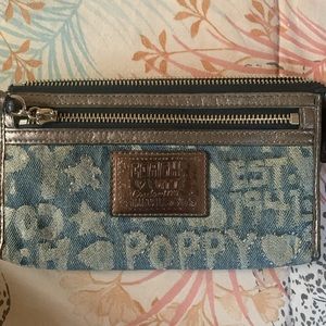 Coach Denim word block wristlet blue